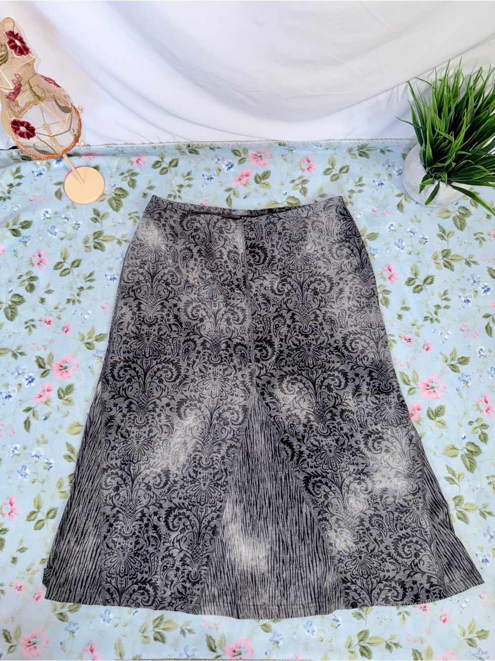 Tribal Floral Damask A-Line Skirt in Charcoal Gray Casual Lined 🌪️
